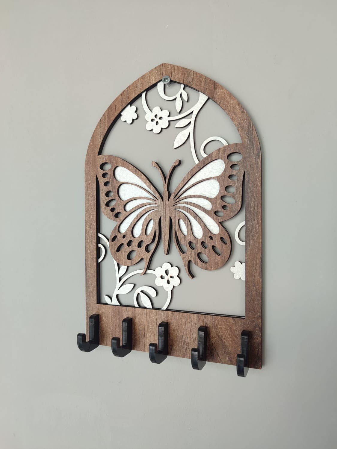 Kelebek Desenli Ahşap Anahtar Askılığı